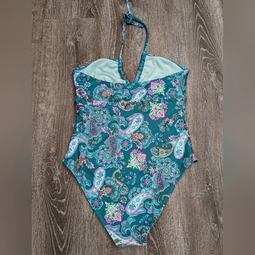 NWT Cupshe Blue Paisley Cut Out Halter Top One Piece Swimsuit Size Large